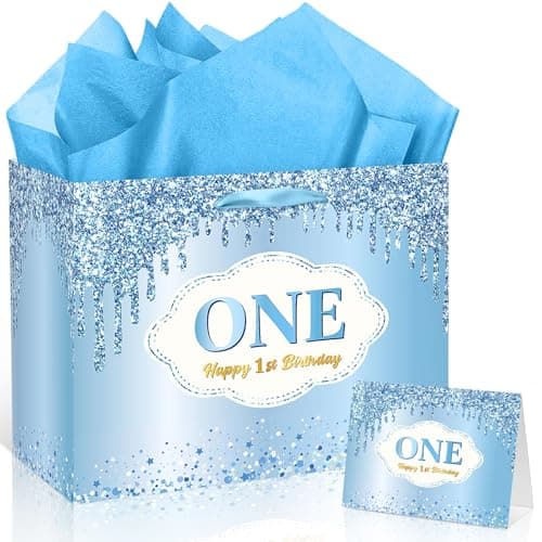 1st Birthday Gift Bag for Baby Boys Girls Happy First Birthday Gift Bag with Card Wrapping Paper Blue 1st Bday Party Decorations for One Year Old Kids Parents Newborn Baby Shower Party Supplies