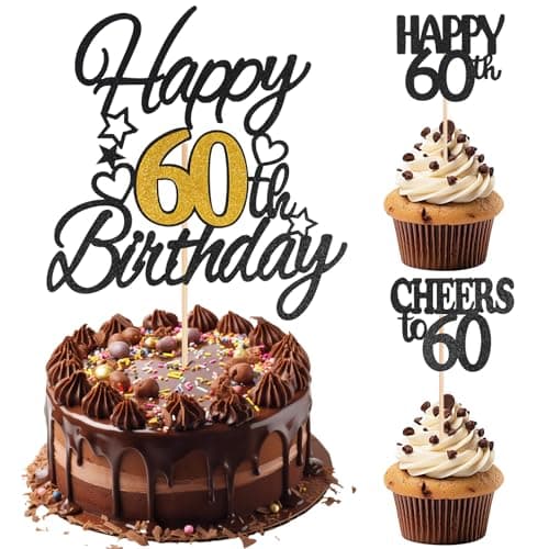 3PCS Happy 60th Birthday Cake Topper Black Gold Glitter Cheers to 60 Years Birthday Cake Pick Cake Decoration Set for Birthday Party Anniversary Celebration