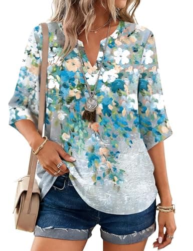LOMON 3/4 Sleeve Tops for Women Cute V-Neck T-Shirts Ladies Fall Blouses Sleeve Tees Summer Plus Size Tunic Grey Green Floral L