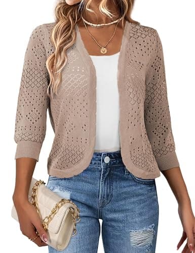 REDHOTYPE Women's Cropped Cardigan 3/4 Sleeve Open Front Cardigan Summer Sweaters Shrugs for Women,Khaki Small