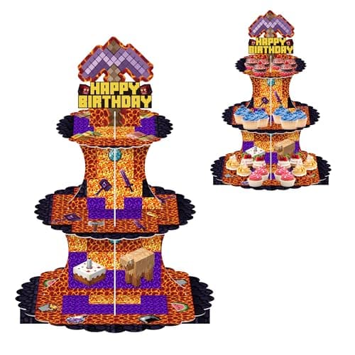 Babymiu Video Game Pixel Cupcake Stand (1 Pcs,3-Tiers) Game Theme Birthday Party Supplies Favors Decorations for Cardboard Cupcake Holder Round Serving Tray Stand Dessert Tower