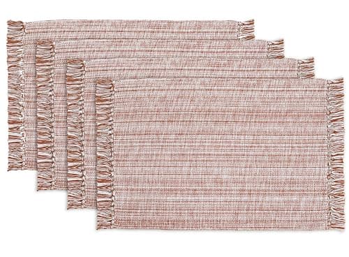 PurpleEssences Chambray Placemats with Fringes - 100% Cotton, Set of 4, 13x19 Inch, Thick Durable Table Mats for Dining, Kitchen, or Casual Farmhouse Tabletop Décor - Rust and H.White