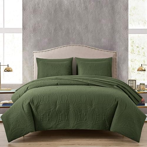 Chezmoi Collection Liam Olive Green King Size Bed in a Bag Comforter Set - 7 Pieces Coin Pattern Lightweight Comforter with Bed Sheets, Pillowcases & Shams Bedding Set for All Seasons