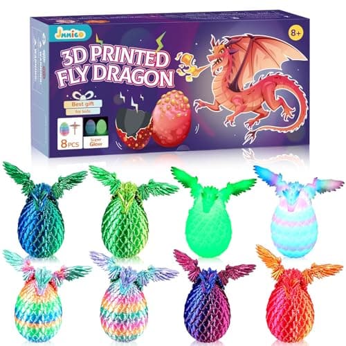 JMMICO 8PCS 3D Printed Dragon Eggs with Dragon Inside,Mini Fidget Dragon with Wings, Articulated Crystal Animals Toy for Gift,Easter Basket Stuffers,Fantasy Desktop Decor