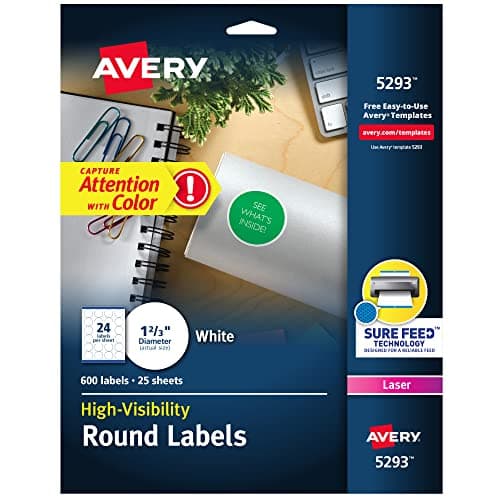 Avery Round Printable Labels, 1-2/3" Diameter, Matte White, Sure Feed Technology, Laser & Inkjet Compatible, 600 Blank Labels Total, Great for Branding, Packages, School Supplies, and More (5293)