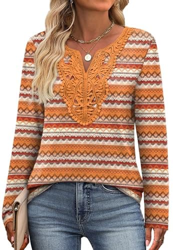 Womens Long Sleeve Tops Business Casual Outfits Fall Fashion Lace V Neck Tshirts Shirts Winter Clothing for Women Orange Printed M