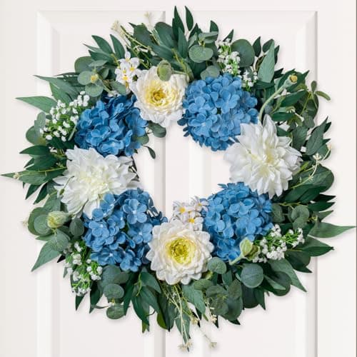 Hydrangea Wreath for Front Door Porch Wall Indoor Outdoor,22" Silk Blue Spring Summer Wreath with Peonies & Dahlias, Artificial Year-Round Farmhouse Home Decor for Holiday