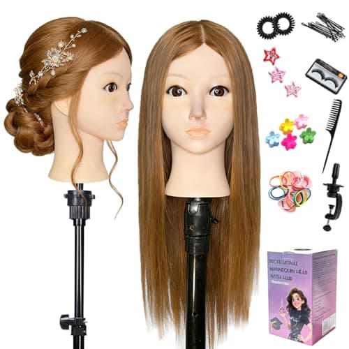 Mannequin Head Human Hair For Braiding,Straight 22Inch Doll Head for Cosmetology & Hairdresser with Stand (Golden)