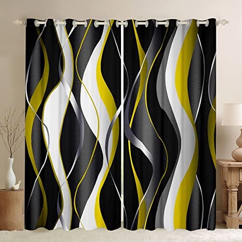 Feelyou Yellow Grey Black Curtains Geometric Spiral Pattern Window Drapes for Boys Girls Modern Luxury Blackout Curtain Abstract Art Window Treatments 52W X 96L,2 Panels