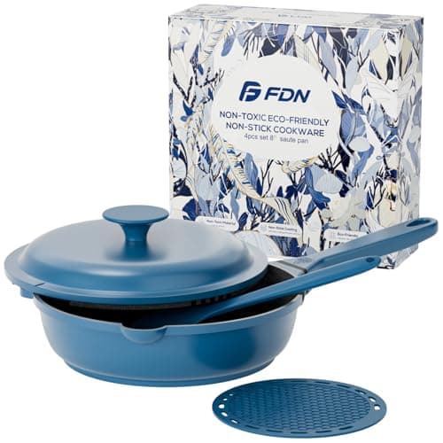 FDN 10-in-1 Titanium Saute Pan With Lid, 8 Inch Frying Pan With Silicone Spatula, Non Toxic PFAS-Free Cooking Pan, Induction Oven & Dishwasher Safe, Blue For Daily Cooking