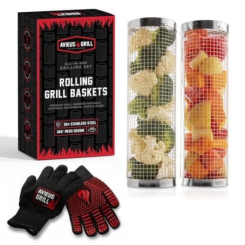 AVIEUS GRILL Rolling Grill Basket | Rolling Grilling Baskets for Outdoor Grilling 2 Pcs | Barbecue Grill Set with BBQ Gloves | Portable Camping Net Rack Perfect for Vegetables, Seafood & Meat
