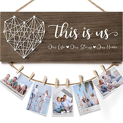 Mothers Day Gifts for Mom Women, Housewarming Gifts New Home Wall Decor Sign, This Is Us Family Picture Frame Wedding Gift for Couples Farmhouse Rustic Wood Hanging Photo Holder, Gift for New Homeowner