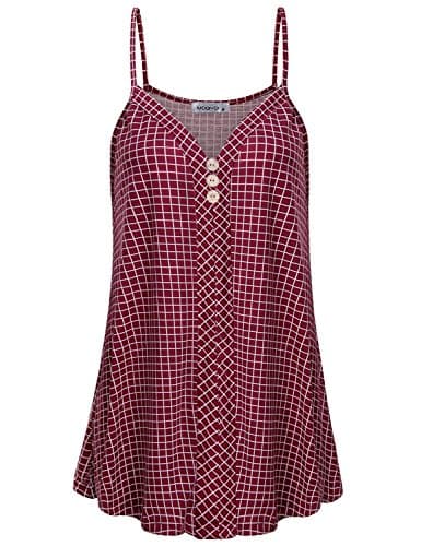 MOQIVGI Tank Top for Women Sexy Sleeveless V-Neck Camisoles Strappy Button Embellished Fashion Relaxed Fit Soft Breathable Cool Swing Plaid Tunic Tanks for Leggings Red White Medium