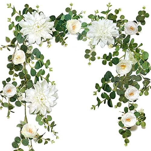 Artificial Flower Garlands, Rose Flower Vine, Artificial Eucalyptus Garland with Flowers, 6' Floral Garland for Wedding Decor Home Table Runner Mantle (White)