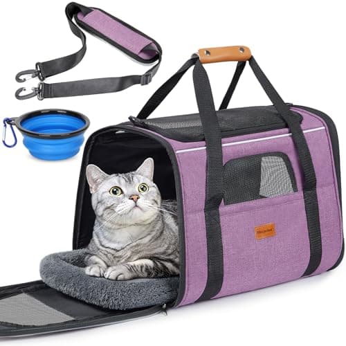 Morpilot Pet Travel Carrier Bag, Soft-Sided Dog Carrier Cat Carrier Pet Carrier, for Large Cats and Medium Puppies up to 25lbs, with Locking Safety Zippers, Foldable Bowl (Purple)