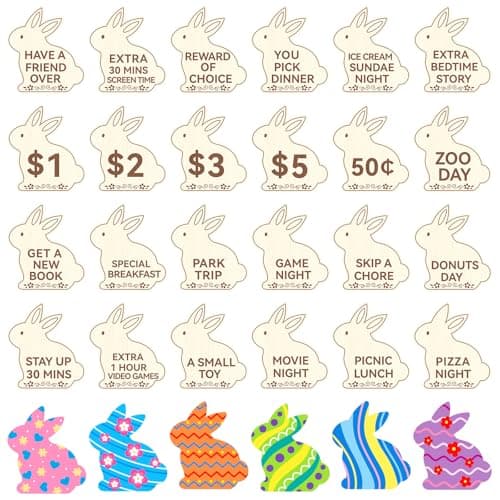 Jansun 24PCS Wooden Easter Egg Tokens, Easter Bunnies Coins, Double Sided Colorful Painted Engraved Fillers for DIY Family Fun Stuffing Rewards and Games