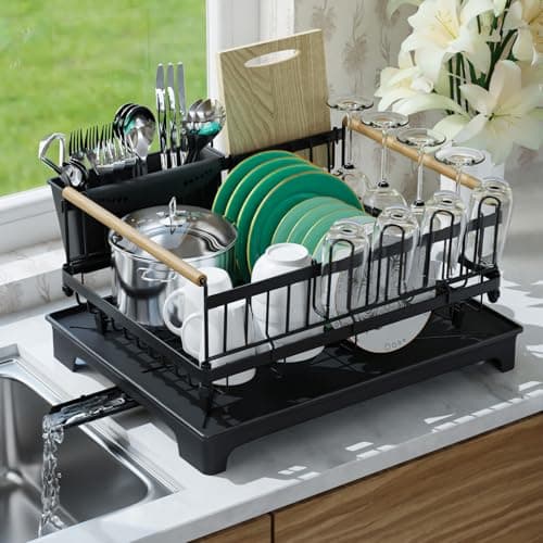 Utheinteck Dish Rack for Kitchen Rustproof Steel Dish Drying Rack for Kitchen Counter Anti-Rust Dish Strainer with Drainboard, Cup Holder, Utensil & Cutting Board Organizer, Heavy Duty Metal