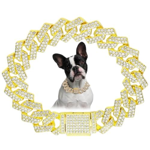 Golden Dog Necklace, Diamond Cuban Link Bling Dog Collars Glitter Chain Rhinestone Dog Collar for for Small Medium Large Pet Dogs 16in