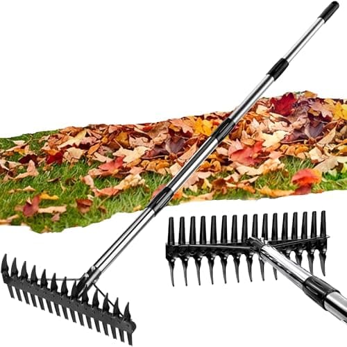 Thatch Rake for Lawns 36-63'' Stainless Steel Adjustable Handle for Dethatching & Aeration Heavy Duty Landscape Garden Leaf Dethatcher Rake for Soil Preparation Upgraded Dual-Action Tines