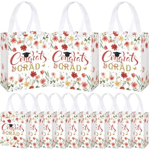 Supervitae 24 Pack Red Graduation Floral Gift Bags Medium Congrats Grad Wildflower Party Favor Bags Reusable Totes Non Woven Goodie Totes for High Graduation Grad Family Travel(9.8" x 7.9" x 3.9")
