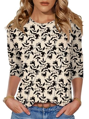LOMON Tops for Women Trendy Summer 3/4 Sleeve T Shirts for Women Womens Tops Dressy Casual Spring Apricot Black Floral M