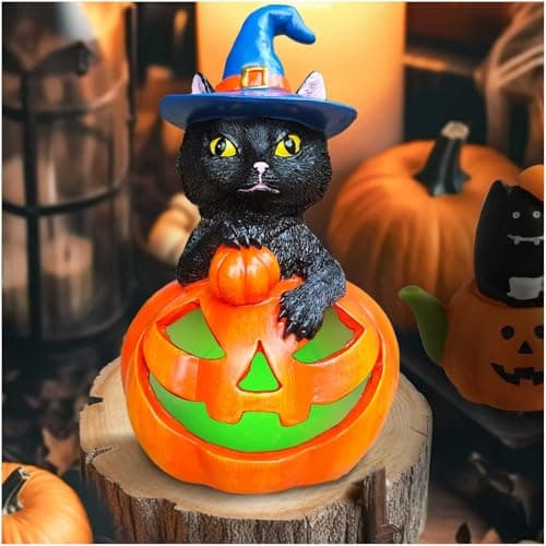 Halloween Decorations Outdoor Solar Black Cat Garden Statue, Jack-O-Lantern Pumpkin Figurines with Color Changing LED Lights Halloween Yard Lawn Party Fall Outdoor Decor