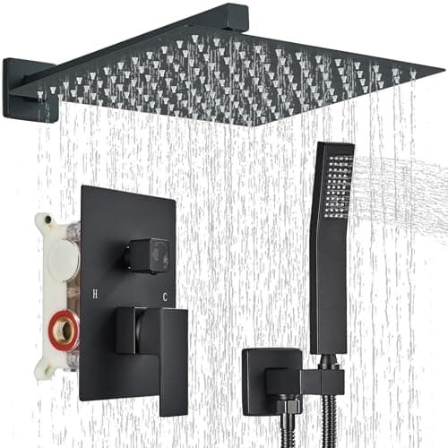 Ackwave Shower Faucet Matte Black Shower System with 12 Inches Rain Shower Head and Handheld Spray Bathroom Luxury Rain Shower Faucet Set Complete Wall Mounted