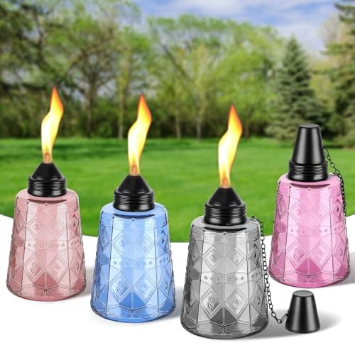 4-Pack Glass Table Top Torches - 12oz Refillable Citronella Torches Canisters for Outdoor, Includes Wick & Cap, Decorative Lanterns for Patio, Garden, Yard, Party