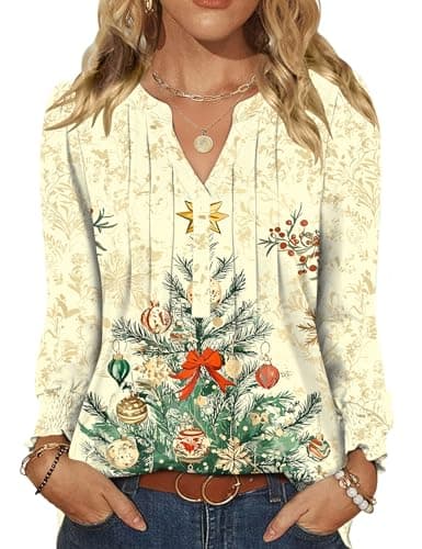 LOMON Long Sleeve Tops for Women Trendy Fashion Christmas Shirts Pleated V Neck Cute Tops Festival Holiday Outfits for Women Apricot Christmas Tree S