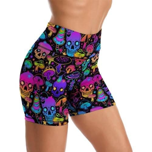 bassyil Mushroom Skull Yoga Shorts for Women High Waisted Biker Shorts Gym Athletic Running Workout Yoga Pants S