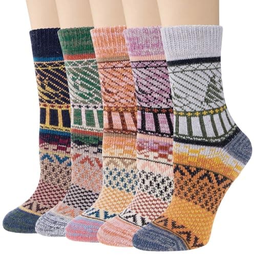 Justay 5 Pairs Wool Socks for Women - Winter Thick Boot Cozy Crew Vintage Soft Calf Knit Warm Socks Gifts