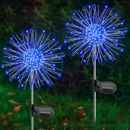 YaaFen Solar Garden Lights Outdoor, 2 Pack 120 LED Twinkling Firework Lights Decorative with 2 Modes, Outdoor Waterproof Solar Starburst Light for Outside Yard Pathway Garden Decor, Blue