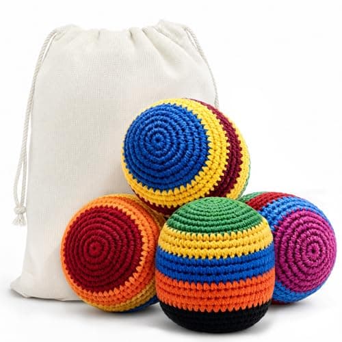 STILEFIX 4 Pack Handmade Crocheted Footbags, Durable Knit Kick Bags, Soft Woven Juggling Balls for Coordination Training, Outdoor Play, Party Games and Stress Relief, Multicolor