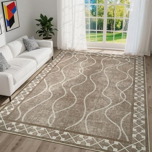 DweIke 6x9 Area Rugs for Living Room, Machine Washable Bordered Rug for Bedroom, Luxury Rubber Backing (Non-Slip) Low Pile Throw Carpet for Dining Room Kitchen Home Decor, Brown