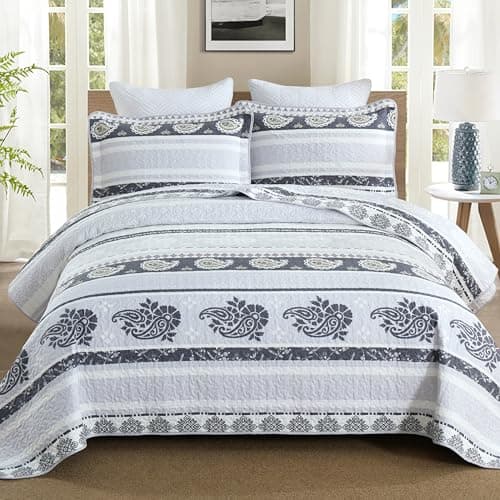 AJOCCI Purple King Size Comforter,Cotton Quilt Set,Paisley Bedding Striped Bed Set with 2 Pillow Shams Reversible Bedspread All Seasons,Lightweight Soft 100% Cotton 3 Piece