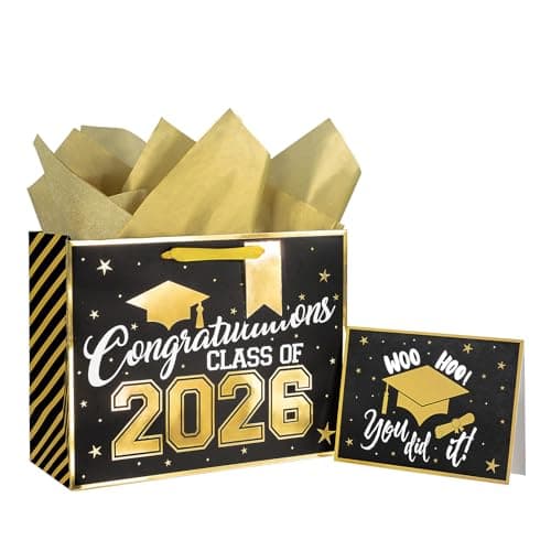 Loveinside 13" Large Black & Gold Graduation Gift Bag, Gold Foil Class of 2026 Congratulations Design Gift Bag with Tissue Paper, Card, Tag for Graduates, Graduation Party, 13" x 5" x 10", 1 Pcs