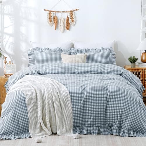 TOCOMOA Blue Gingham Duvet Cover Set Queen Size 100% Washed Cotton Like Linen Texture Soft Breathable 3-Piece Plaid Checkered Cute Ruffle Comforter Cover Bedding Set, Comforter Not Included