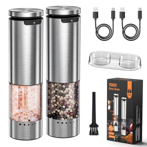 VOXON Update Electric Salt and Pepper Grinder Set Rechargeable Stainless Steel, LED Light, 100ML Capacity, 5 Levels Adjustable Coarseness, Automatic Salt and Pepper Grinder Set One Handed Operation