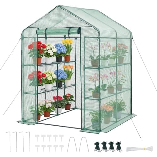VEVOR Walk-in Greenhouse, 55.5" x 56.1" x 78.7" Greenhouse for Outdoors with PE Cover, 2 Tiers 8 Shelves, Roll-Up Zipper Door, Walk in Green House, Portable Plant Garden Hot House for Backyard Outside