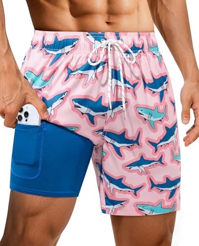 Gleeease Men's Swim Trunks Swim Trunks Men 7 inch with Compression Liner 2 in 1 Stretch Quick Dry Comfort Drawstring Soft Funny Lined Pink Bottomed Shark Pockets 4-Way Breathable Polyester Beach Pool