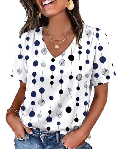 WIHOLL White Blouses for Women Dressy Casual Short Sleeve V Neck Tops Trendy Professional Work Office Attire Outfits Tshirts 2026 Summer Fashion Clothing Geometry L