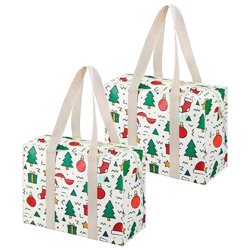 VENO 2 Pack Christmas Tote Bag with Zipper, Reusable Grocery Shopping Bag, Heavy Duty, Water Resistance Shoulder Handbag for Women Men (Jingle Mix)