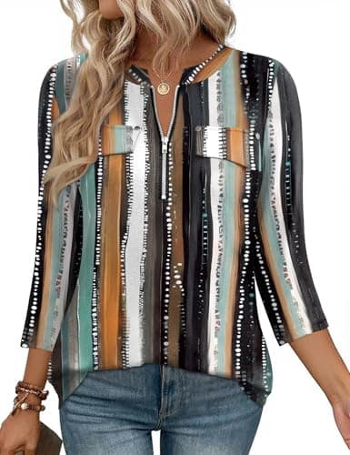 LOMON 3/4 Length Sleeve Womens Tops Business Office V Neck Zipper Work Shirts Ladies Elegant Dressy Casual Quarter Sleeve Spring Tunic Blouse