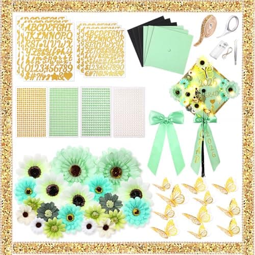 Wavwavw 59 Pcs DIY Graduation Cap Decorations Kit, Green 2026 Grad Cap Decor with Lights Included Bow Faux Daisy Flowers 3D Butterfly Pearl Letters Stickers Construction Paper for DIY Grad Hat Topper