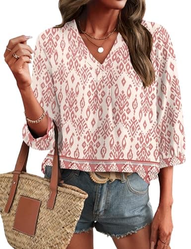 Womens Boho Tops 3/4 Length Sleeve Office Shirts for Women Dressy Summer Spring Top Loose Fitting Hippie Blouse