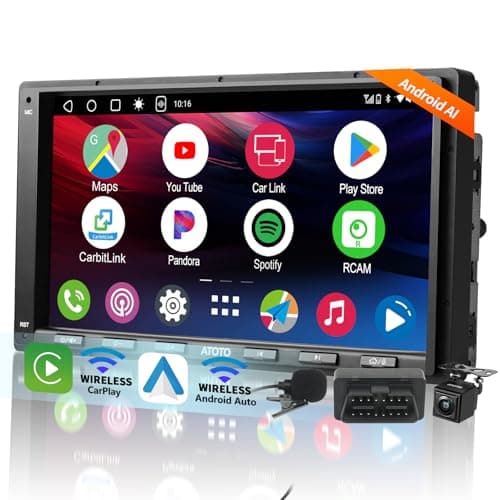 ATOTOMOVE Android Double Din Car Stereo with Backup Camera & OBD2 Scanner, A6PF Ultra 2G+32G 7" Wireless CarPlay & Android Auto Radio with ChatGPT, LRV, WiFi/BT/USB Tethering, GPS Tracker,2 Bluetooth