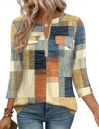 LOMON 3/4 Sleeve Tops For Women V Neck Zipper Business Casual Plaid T Shirt Ladies Office Elegant Professional 3/4 Quarter Sleeve Summer Tunic Blouses