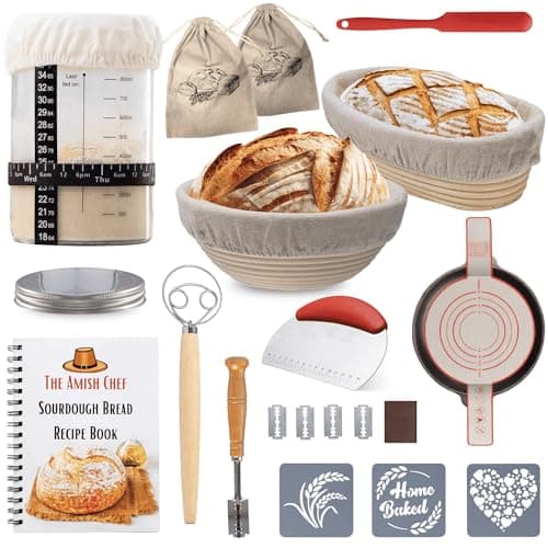 Complete Sourdough Bread Starter Kit, Glass Sourdough Starter Jar Kit & Tons of Sourdough Bread Baking Supplies - Sourdough Starter Kit Includes Sourdough Jar, Banneton Basket (2x Baskets and Jar)