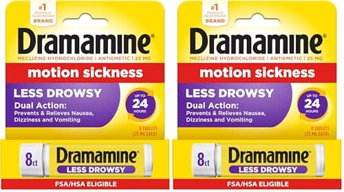 Dramamine Motion Sickness Relief Less Drowsey Formula, 8 Count (Pack of 2)