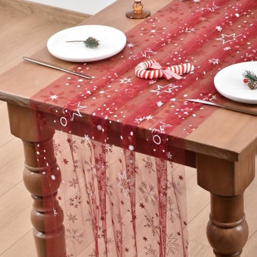 Joanlody Christmas Red Burgundy Snowflake Gauze Table Runner Glitter Metallic Foil 10ft Seasonal Sheer Tulle Table Runner for Wedding Birthday Party Winter Festival Holiday Home Decor